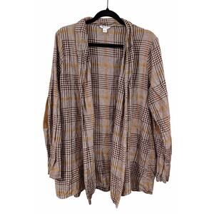 Cato Plaid Large Open Front Cardigan Jacket Elbow Patches Heritage Preppy Womens